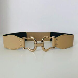 Beige-cream equestrian-inspired style faux leather wide stretch belt – small